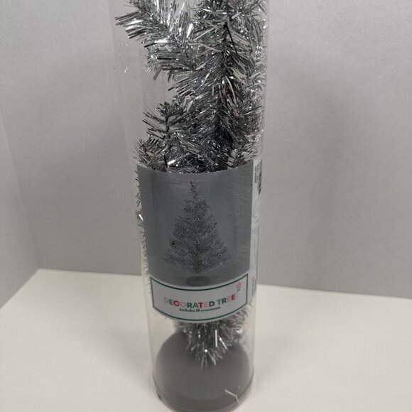 Silver or White Mini Christmas Tree, 15 Shiny Ornaments – 16" Tabletop Holiday - Picture 3 of 4